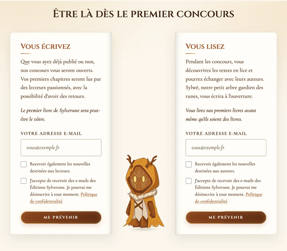 Section d'inscription de la landing page des Éditions Sylverune : un formulaire « Vous écrivez » et un formulaire « Vous lisez », avec la mascotte Sylwë entre les deux