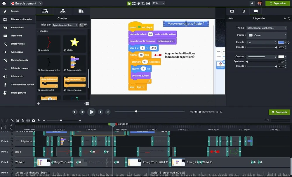 Interface de montage Camtasia pour les capsules vidéo