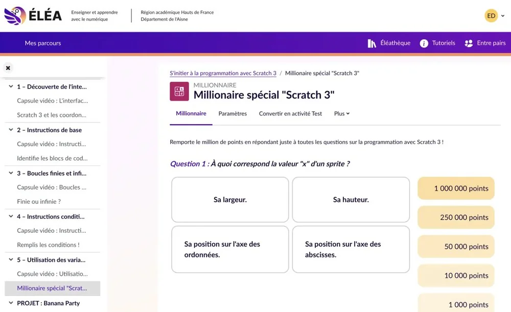 Aperçu d'une activité interactive sur le parcours ÉLÉA