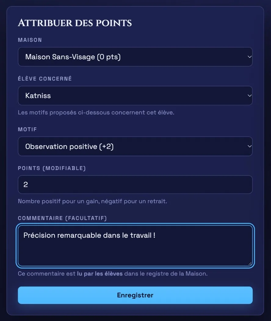 Formulaire d'attribution des points de l'espace enseignants : choix de la Maison, de l'élève, du motif, du nombre de points et d'un commentaire